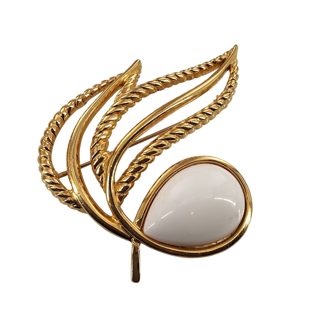 Vintage Crown Trifari Gold Leaf Brooch White Teardrop Cabochon Pin 1960s MCM